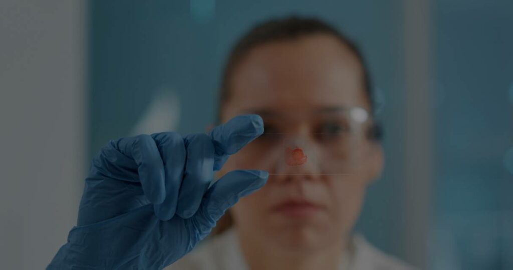 Woman Analyzing Blood Sample Lab Glassware Tray Science Laboratory Biology Engineer With Gloves Looking Dna Substance Molecule Test Diagnosis Research Close Up
