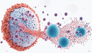 Célula do sistema imune chamado "neutrófilo" lançando uma substância chamada NET para neutralizar patógenos