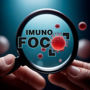 Lupa com células em seu centro e com os dizeres "Imuno Foco". Imagem é a capa da nova série do CRIO referente ao entendimento do sistema imune humano